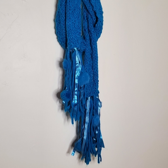 Cerulean Blue Blocked Knit Scarf with Ribbons and Angora Rabbit Hair Puffs - Picture 4 of 11